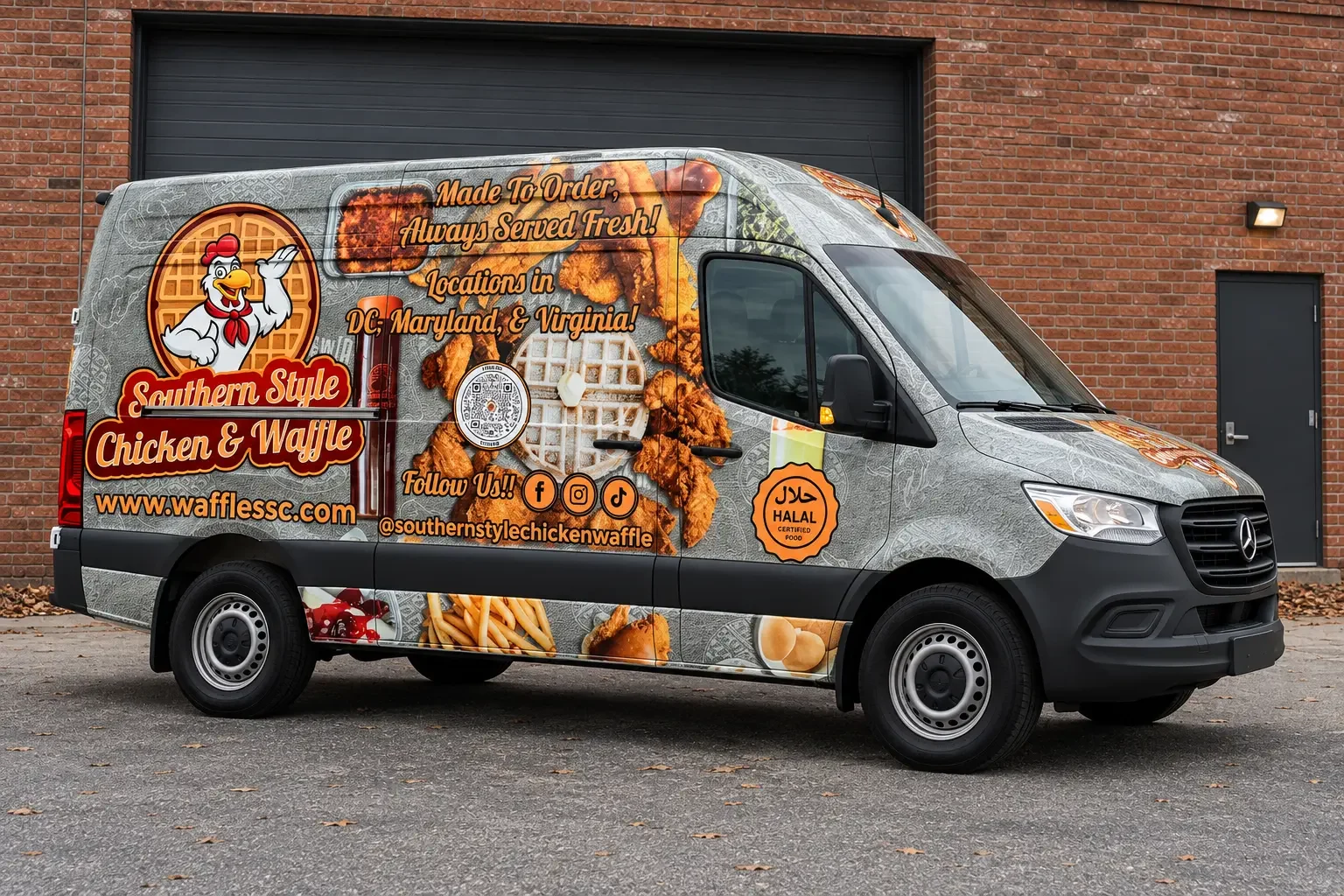 Mercedes-Benz Sprinter with a full Southern Style Chicken & Waffle wrap featuring food photography and a chicken mascot