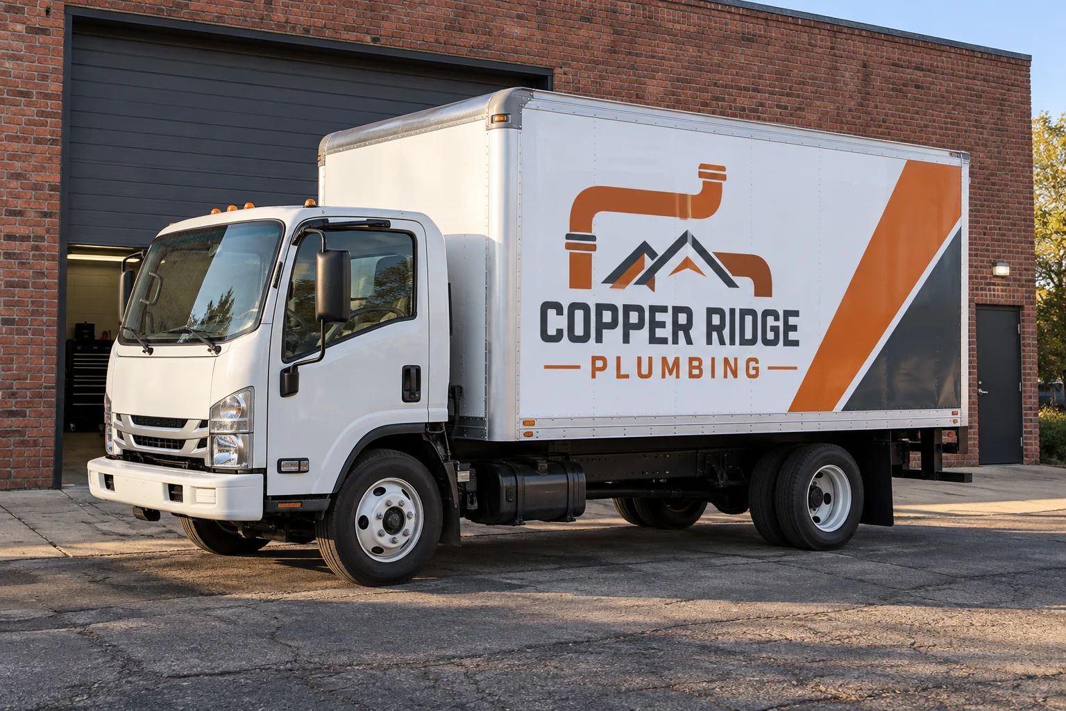 Copper Ridge Plumbing box truck with orange and charcoal branding on its white cargo box