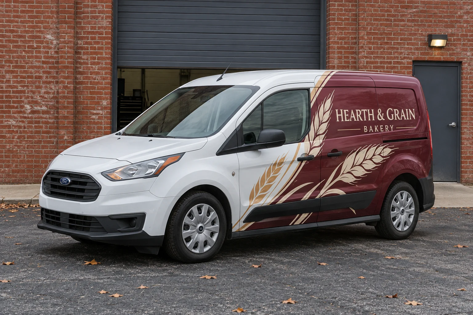 Hearth & Grain Bakery Ford van with burgundy and gold partial-wrap wheat graphics