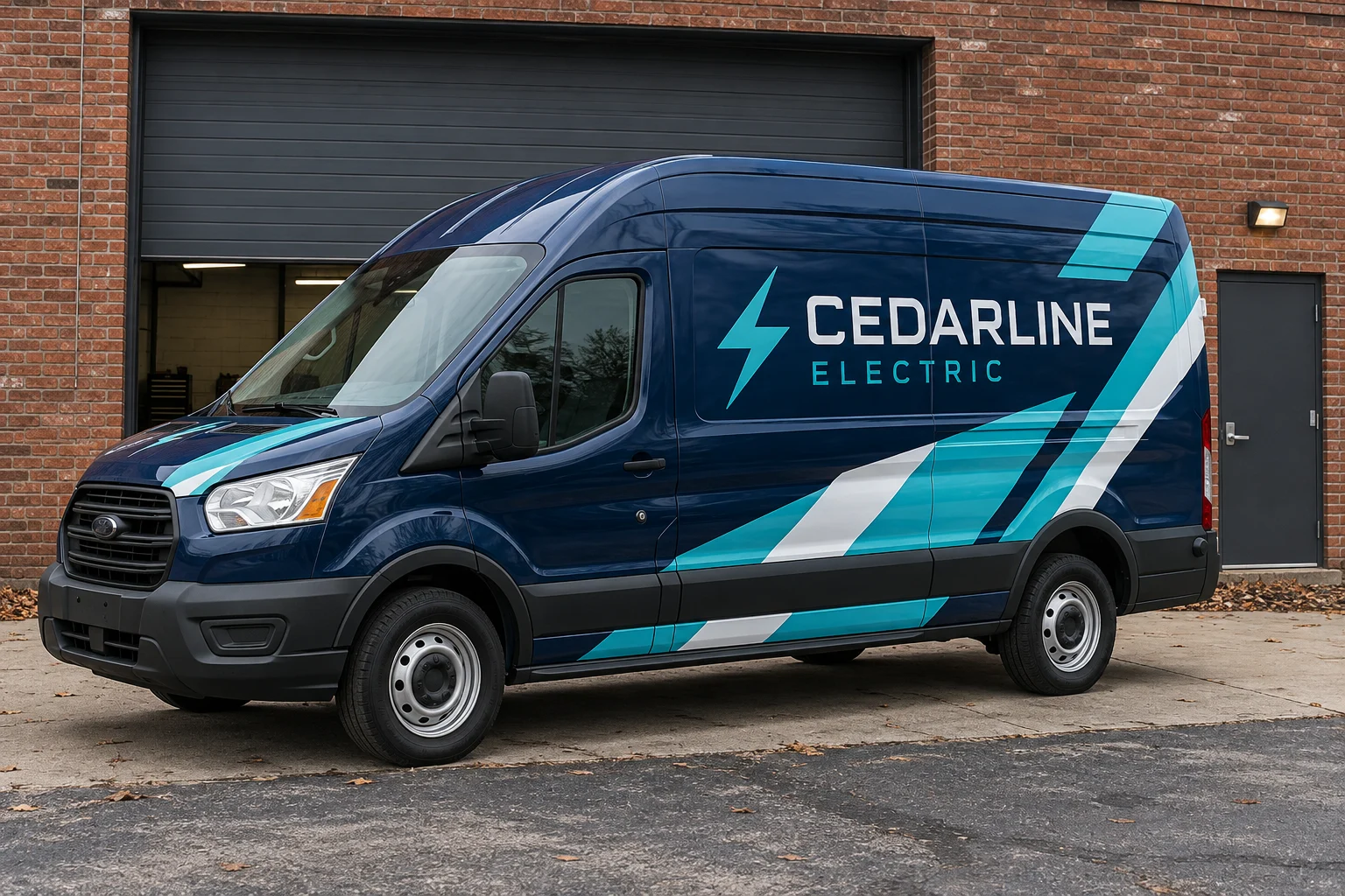 Ford Transit with navy and turquoise Cedarline Electric vehicle graphics outside a wrap shop